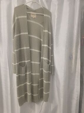 Thread & Supply Taupe and White Striped Open-Front Long Cardigan/duster